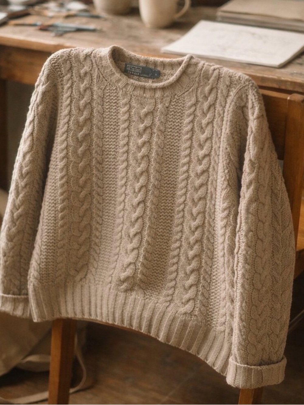 Polo by Ralph Lauren Cable Knit Crewneck Sweater in Beige